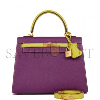 HERMES SPECIAL ORDER (HSS) KELLY SELLIER 25 ANEMONE AND LIME CHEVRE BRUSHED GOLD HARDWARE HANDMADE (24.9*19.1*8.9cm)