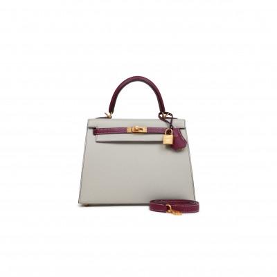 HERMES SPECIAL ORDER (HSS) KELLY SELLIER 25 GRIS PERLE AND ANEMONE CHEVRE BRUSHED GOLD HARDWARE HANDMADE (24.9*19.1*8.9cm)