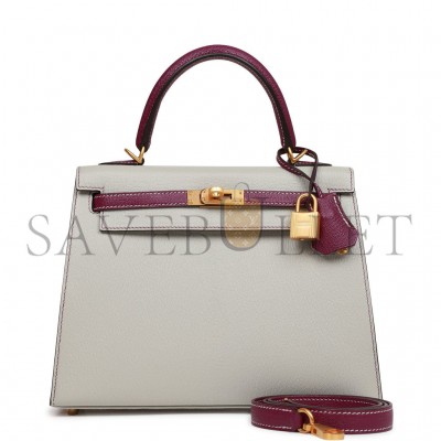 HERMES SPECIAL ORDER (HSS) KELLY SELLIER 25 GRIS PERLE AND ANEMONE CHEVRE BRUSHED GOLD HARDWARE HANDMADE (24.9*19.1*8.9cm)