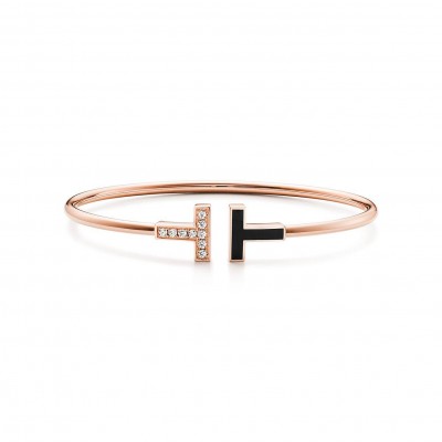 TIFFANY T WIRE BRACELET IN ROSE GOLD WITH BLACK ONYX AND DIAMONDS