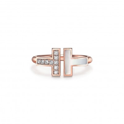 TIFFANY T WIRE RING IN ROSE GOLD WITH DIAMONDS AND MOTHER-OF-PEARL