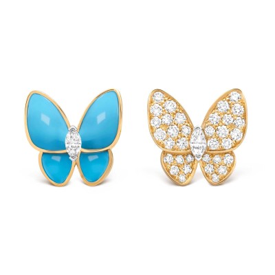 VAN CLEEF ARPELS TWO BUTTERFLY EARRINGS - YELLOW GOLD, DIAMOND, TURQUOISE  VCARP7US00