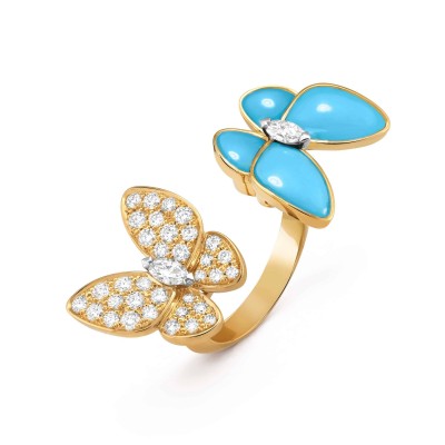 VAN CLEEF ARPELS TWO BUTTERFLY BETWEEN THE FINGER RING - YELLOW GOLD, DIAMOND, TURQUOISE  VCARP7UZ00