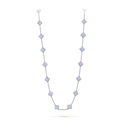VAN CLEEF ARPELS VINTAGE ALHAMBRA LONG NECKLACE, 20 MOTIFS - WHITE GOLD, CHALCEDONY  VCARD80900
