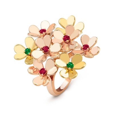 VAN CLEEF ARPELS FRIVOLE RING, 8 FLOWERS - ROSE GOLD, EMERALD, RUBY  VCARP7SE00