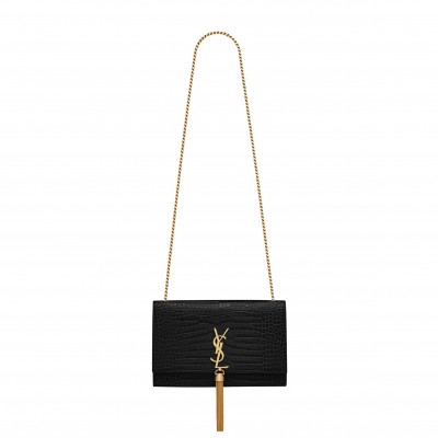 YSL KATE MEDIUM CHAIN BAG WITH TASSEL IN CROCODILE-EMBOSSED SHINY LEATHER 354119DND0J1000 (24*14.5*5.5cm)