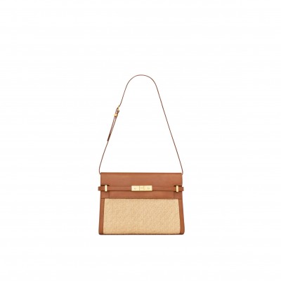 YSL MANHATTAN SHOULDER BAG IN RAFFIA AND VEGETABLE-TANNED LEATHER 579271FAA7D9783 (29*20*7.5cm)
