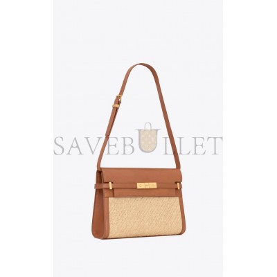 YSL MANHATTAN SHOULDER BAG IN RAFFIA AND VEGETABLE-TANNED LEATHER 579271FAA7D9783 (29*20*7.5cm)
