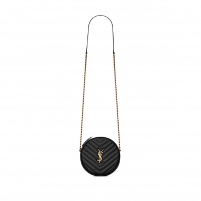YSL VINYLE ROUND CAMERA BAG IN CHEVRON-QUILTED GRAIN DE POUDRE EMBOSSED LEATHER 6104361GF071000 (17*17*5.5cm)
