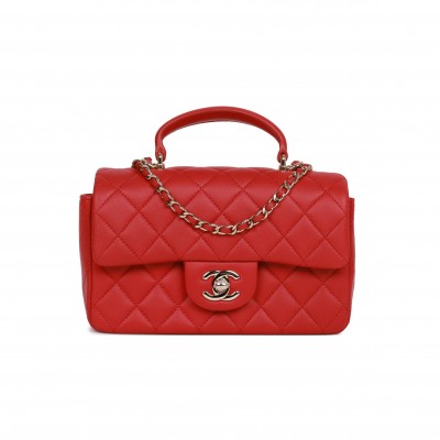 CHANEL MINI RECTANGULAR FLAP BAG WITH TOP HANDLE RED LAMBSKIN LIGHT GOLD HARDWARE (22*15*8cm)
