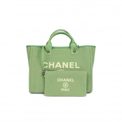 CHANEL SMALL DEAUVILLE SHOPPING BAG GREEN BOUCLE LIGHT GOLD HARDWARE (34*27*15cm)